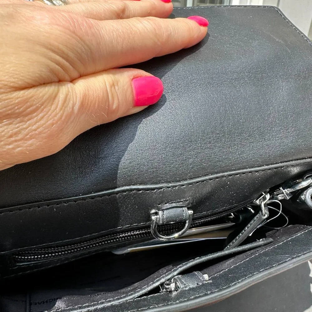 NWT Michael Kors Leather Bristol Embellish Floral Satchel, Black, White, Silver - Picture 7 of 10